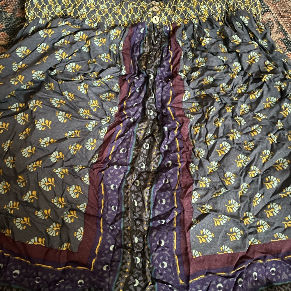 Anthropologie Blue Floral Dress with Purple and Yellow Highlights